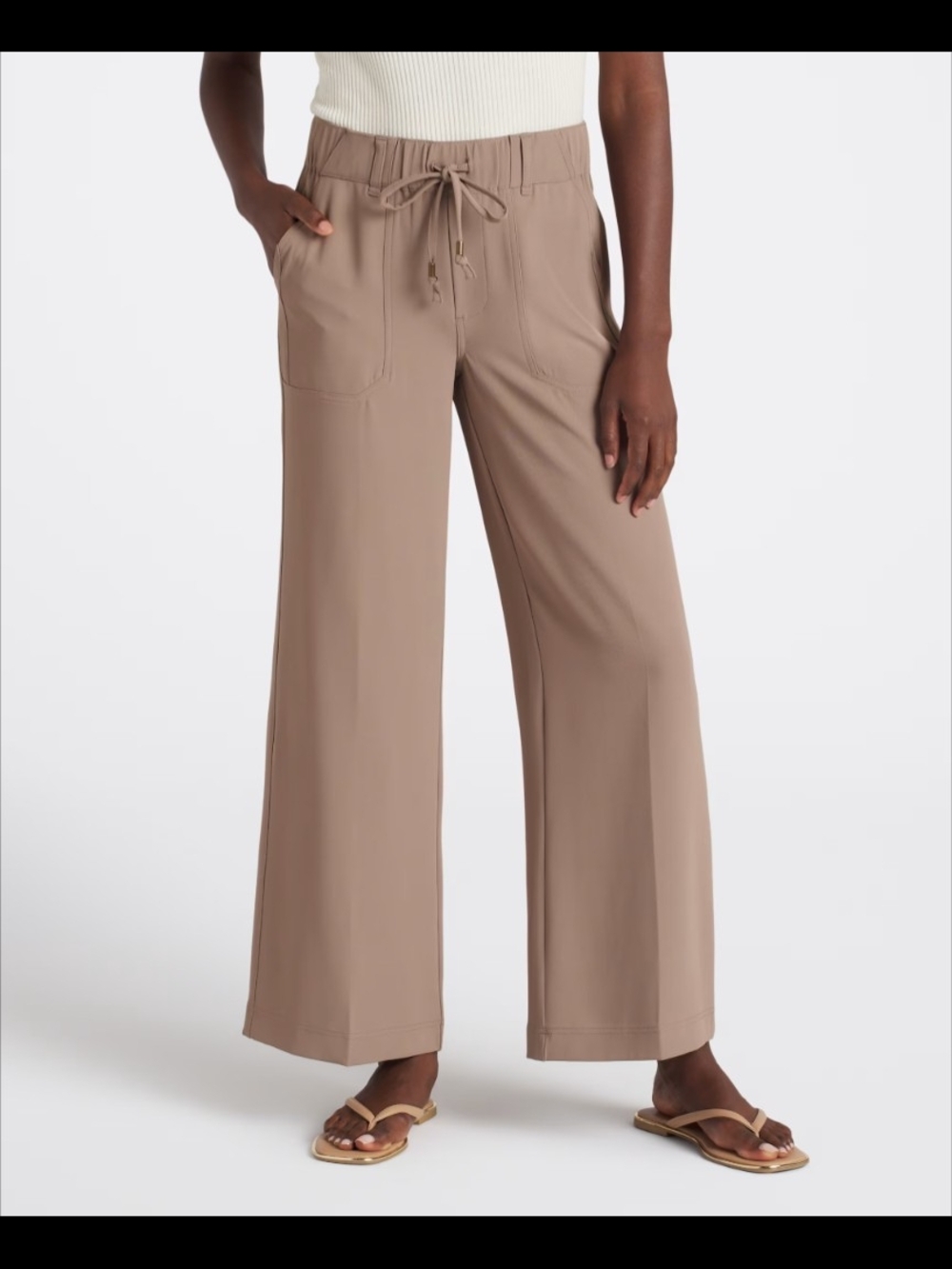 Democracy Wide-Leg Drawstring Pants in Taupe
